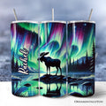 Majestic Moose Under Northern Lights 20oz Personalized Tumbler With Lid and Stainless Steel Straw, Enchanted Christmas Gift Cup