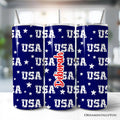 Navy USA Block Letters Pattern 20oz Personalized Tumbler With Lid and Stainless Steel Straw, Vintage Independence Day Patriotic Gift Cup