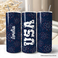 Vintage USA Block Letters 20oz Personalized Tumbler With Lid and Stainless Steel Straw, Patriotic Fireworks for Independence Day Gift Cup