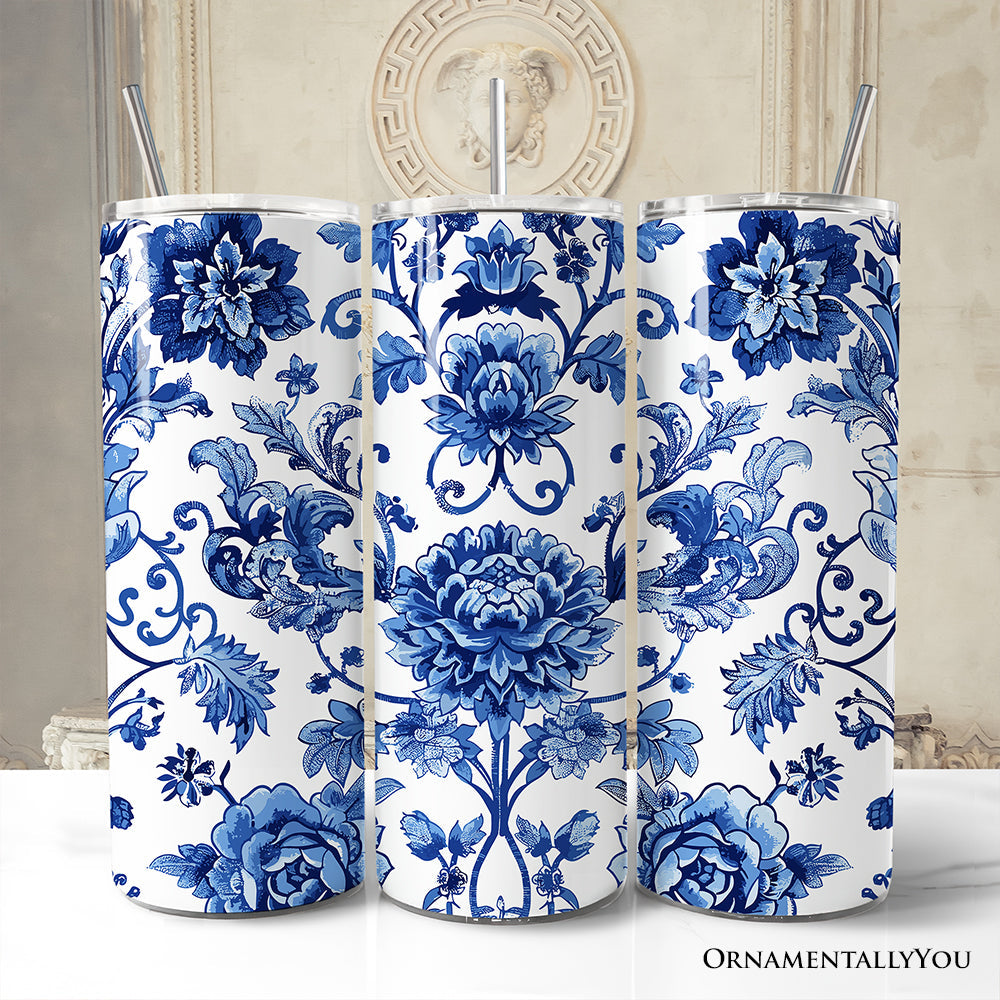 Blue and White Floral Pattern 20oz Personalized Tumbler With Lid and Stainless Steel Straw, Vintage Chinoiserie Porcelain Gift Cup